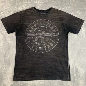 Affliction Shirt Mens L Gray Camo Live Fast USA Flag Freedom Defender MMA Tee